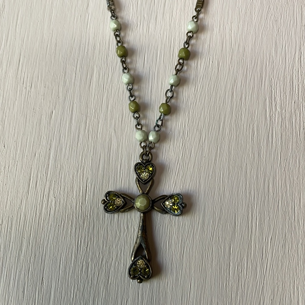 Beautiful Vintage Cross Necklace with Green Crystals and Beads.